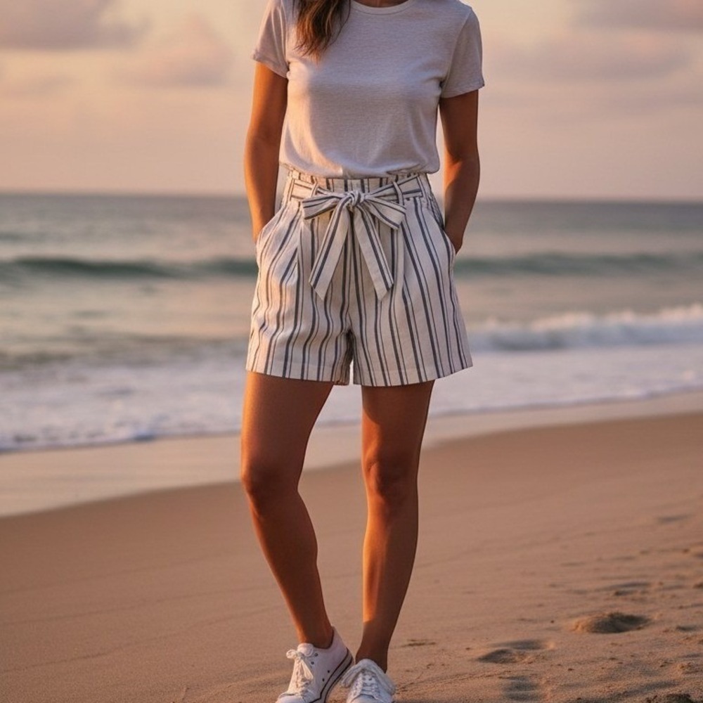 Zara Medium White & Black Striped High Waisted Paper Bag Shorts Pockets Bow Tie